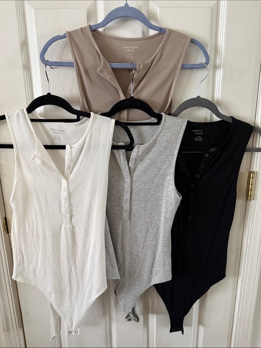 American Eagle Outfitters Ribbed Henley Bodysuits - White, Gray, Black, Taupe
